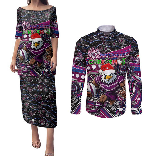 Merry Christmas Manly Warringah Sea Eagles Couples Matching Puletasi and Long Sleeve Button Shirt Aboriginal Santa Rugby Mascot - Silvertails