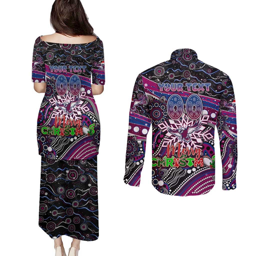 Merry Christmas Manly Warringah Sea Eagles Couples Matching Puletasi and Long Sleeve Button Shirt Aboriginal Santa Rugby Mascot - Silvertails
