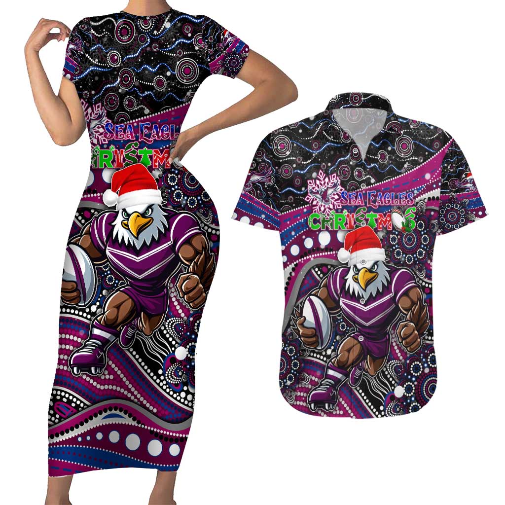 Merry Christmas Manly Warringah Sea Eagles Couples Matching Short Sleeve Bodycon Dress and Hawaiian Shirt Aboriginal Santa Rugby Mascot - Silvertails