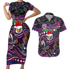 Merry Christmas Manly Warringah Sea Eagles Couples Matching Short Sleeve Bodycon Dress and Hawaiian Shirt Aboriginal Santa Rugby Mascot - Silvertails