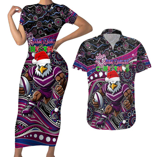 Merry Christmas Manly Warringah Sea Eagles Couples Matching Short Sleeve Bodycon Dress and Hawaiian Shirt Aboriginal Santa Rugby Mascot - Silvertails