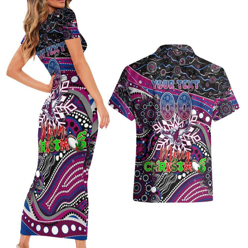 Merry Christmas Manly Warringah Sea Eagles Couples Matching Short Sleeve Bodycon Dress and Hawaiian Shirt Aboriginal Santa Rugby Mascot - Silvertails