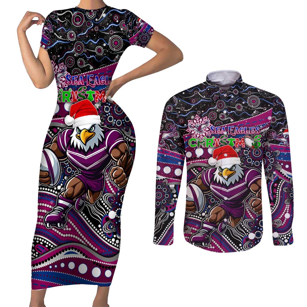 Merry Christmas Manly Warringah Sea Eagles Couples Matching Short Sleeve Bodycon Dress and Long Sleeve Button Shirt Aboriginal Santa Rugby Mascot - Silvertails