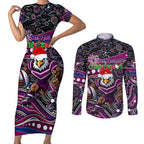 Merry Christmas Manly Warringah Sea Eagles Couples Matching Short Sleeve Bodycon Dress and Long Sleeve Button Shirt Aboriginal Santa Rugby Mascot - Silvertails