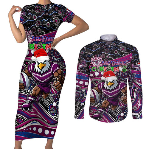 Merry Christmas Manly Warringah Sea Eagles Couples Matching Short Sleeve Bodycon Dress and Long Sleeve Button Shirt Aboriginal Santa Rugby Mascot - Silvertails