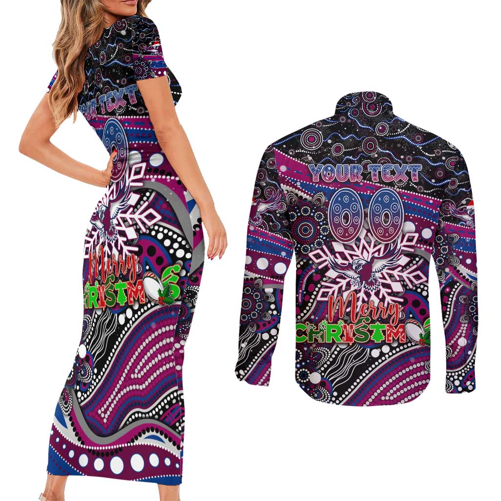 Merry Christmas Manly Warringah Sea Eagles Couples Matching Short Sleeve Bodycon Dress and Long Sleeve Button Shirt Aboriginal Santa Rugby Mascot - Silvertails