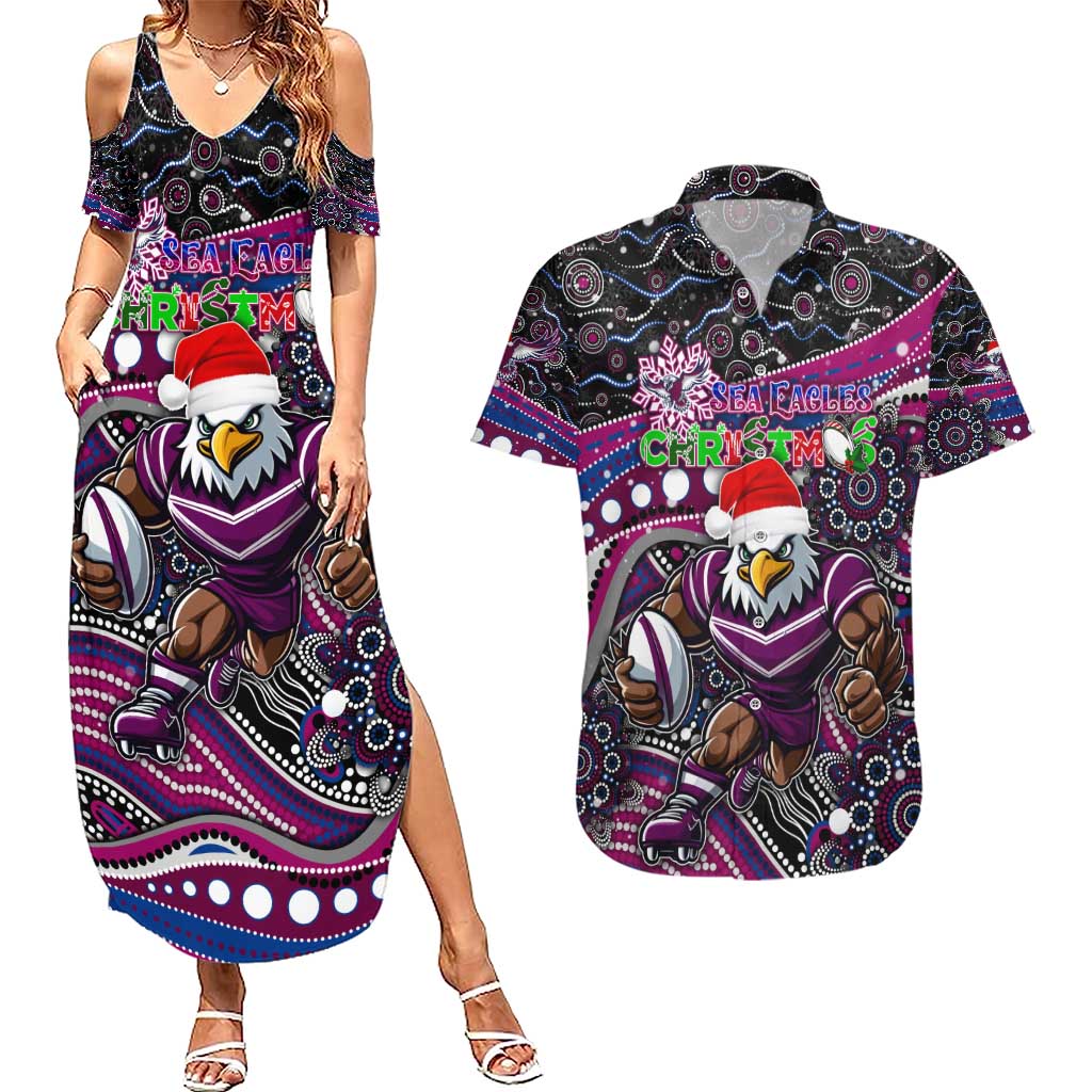 Merry Christmas Manly Warringah Sea Eagles Couples Matching Summer Maxi Dress and Hawaiian Shirt Aboriginal Santa Rugby Mascot - Silvertails