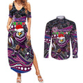 Merry Christmas Manly Warringah Sea Eagles Couples Matching Summer Maxi Dress and Long Sleeve Button Shirt Aboriginal Santa Rugby Mascot - Silvertails
