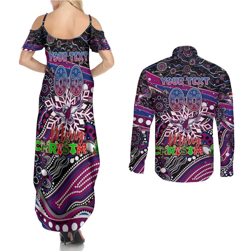 Merry Christmas Manly Warringah Sea Eagles Couples Matching Summer Maxi Dress and Long Sleeve Button Shirt Aboriginal Santa Rugby Mascot - Silvertails