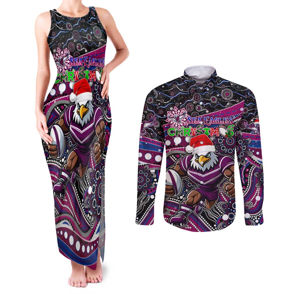 Merry Christmas Manly Warringah Sea Eagles Couples Matching Tank Maxi Dress and Long Sleeve Button Shirt Aboriginal Santa Rugby Mascot - Silvertails