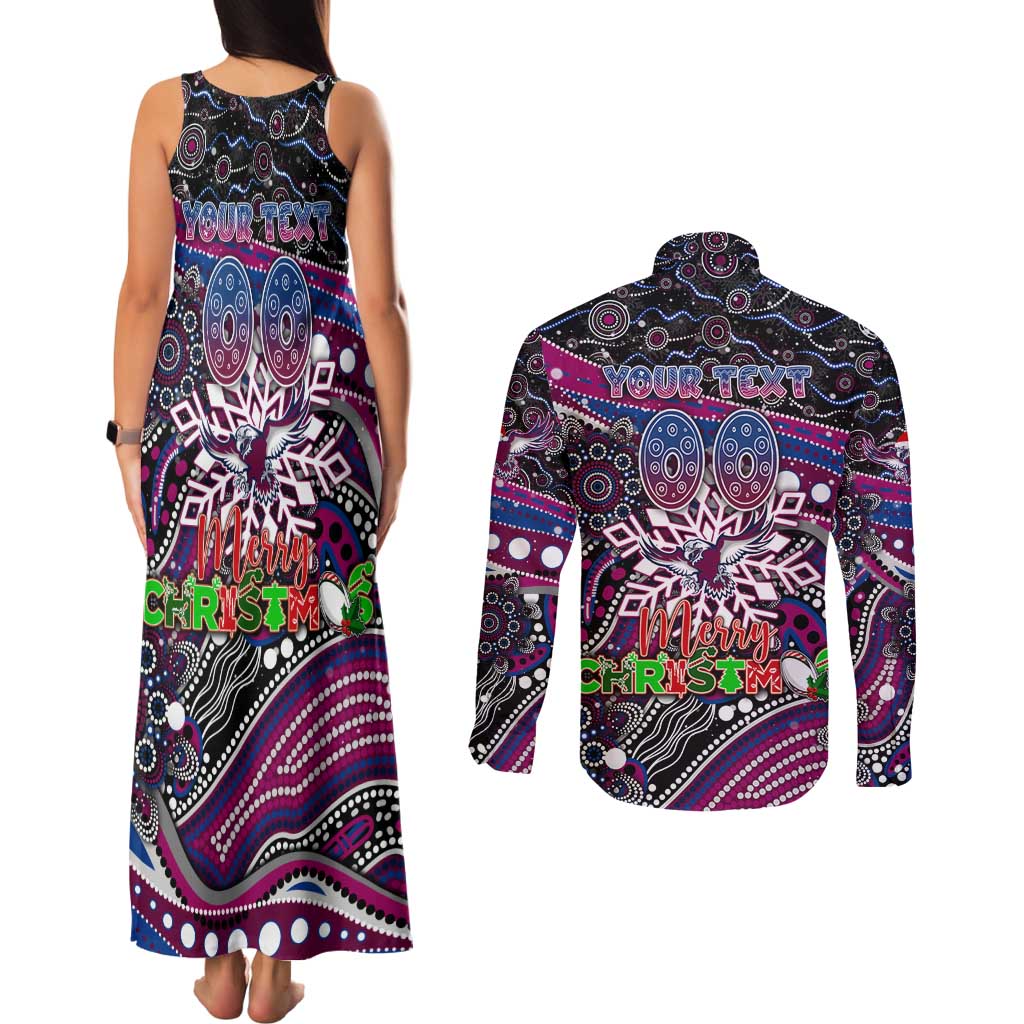 Merry Christmas Manly Warringah Sea Eagles Couples Matching Tank Maxi Dress and Long Sleeve Button Shirt Aboriginal Santa Rugby Mascot - Silvertails
