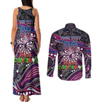 Merry Christmas Manly Warringah Sea Eagles Couples Matching Tank Maxi Dress and Long Sleeve Button Shirt Aboriginal Santa Rugby Mascot - Silvertails