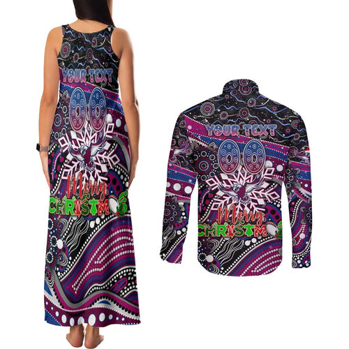Merry Christmas Manly Warringah Sea Eagles Couples Matching Tank Maxi Dress and Long Sleeve Button Shirt Aboriginal Santa Rugby Mascot - Silvertails