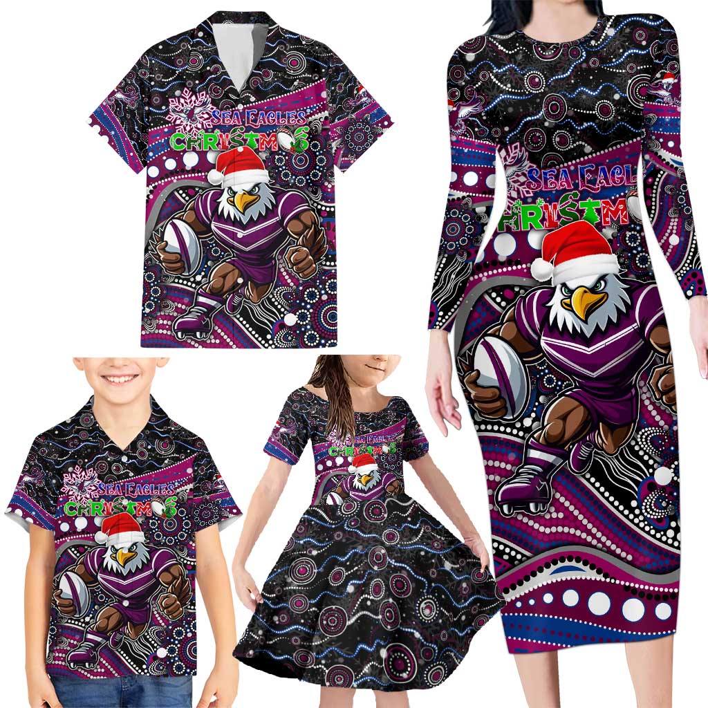 Merry Christmas Manly Warringah Sea Eagles Family Matching Long Sleeve Bodycon Dress and Hawaiian Shirt Aboriginal Santa Rugby Mascot - Silvertails