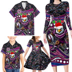 Merry Christmas Manly Warringah Sea Eagles Family Matching Long Sleeve Bodycon Dress and Hawaiian Shirt Aboriginal Santa Rugby Mascot - Silvertails