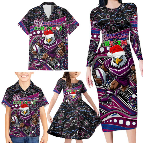 Merry Christmas Manly Warringah Sea Eagles Family Matching Long Sleeve Bodycon Dress and Hawaiian Shirt Aboriginal Santa Rugby Mascot - Silvertails