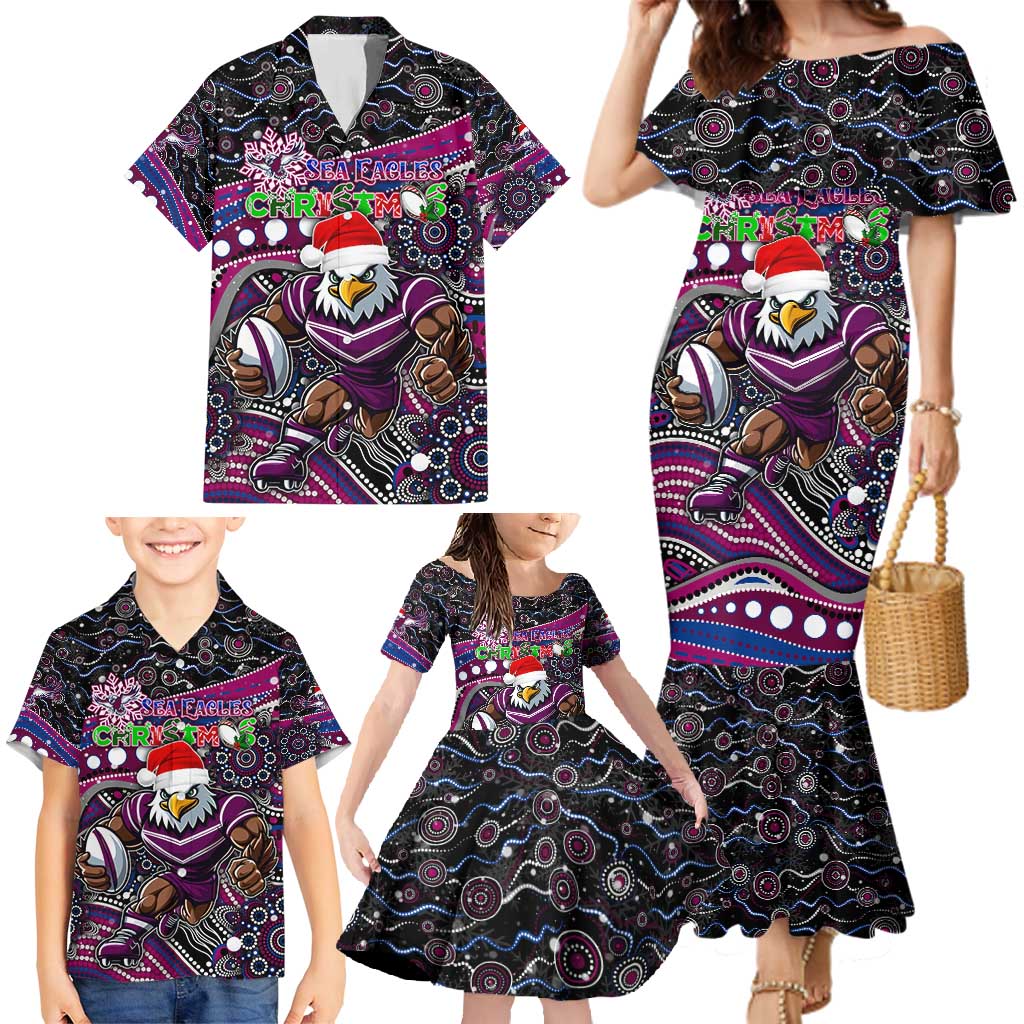 Merry Christmas Manly Warringah Sea Eagles Family Matching Mermaid Dress and Hawaiian Shirt Aboriginal Santa Rugby Mascot - Silvertails