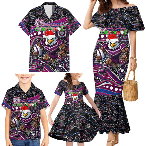Merry Christmas Manly Warringah Sea Eagles Family Matching Mermaid Dress and Hawaiian Shirt Aboriginal Santa Rugby Mascot - Silvertails