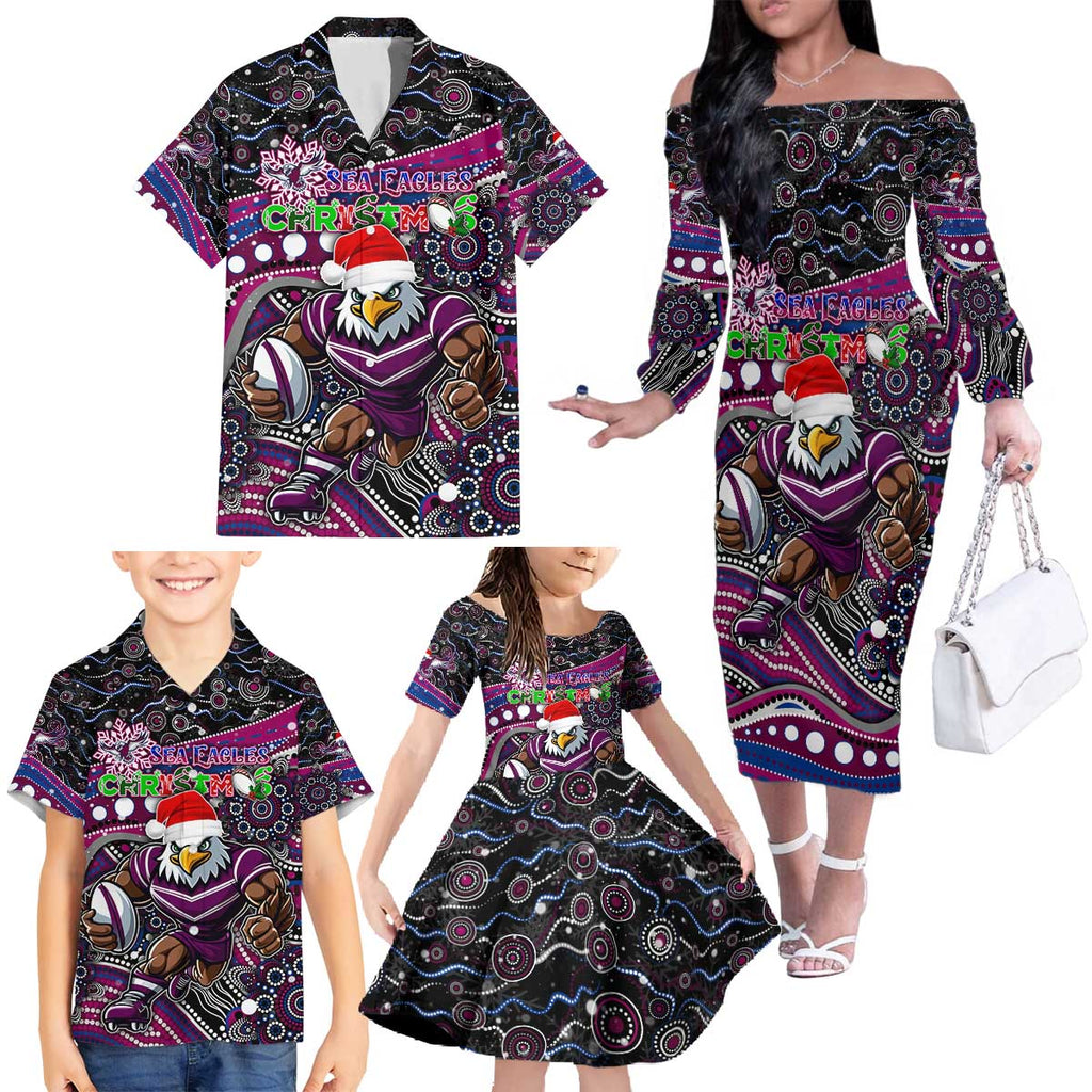 Merry Christmas Manly Warringah Sea Eagles Family Matching Off The Shoulder Long Sleeve Dress and Hawaiian Shirt Aboriginal Santa Rugby Mascot - Silvertails