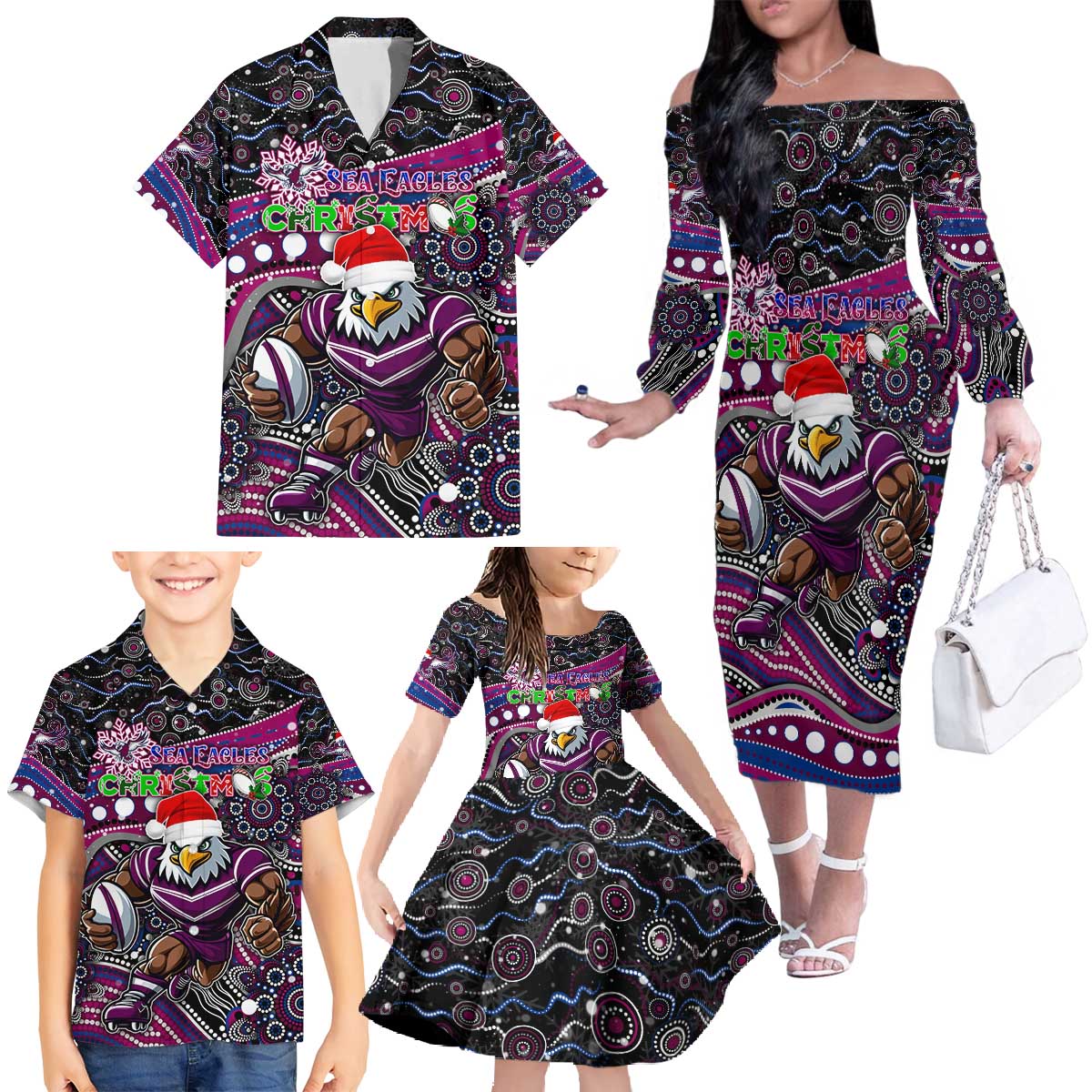 Merry Christmas Manly Warringah Sea Eagles Family Matching Off The Shoulder Long Sleeve Dress and Hawaiian Shirt Aboriginal Santa Rugby Mascot - Silvertails