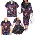 Merry Christmas Manly Warringah Sea Eagles Family Matching Off The Shoulder Long Sleeve Dress and Hawaiian Shirt Aboriginal Santa Rugby Mascot - Silvertails