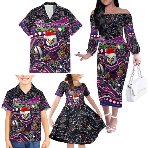 Merry Christmas Manly Warringah Sea Eagles Family Matching Off The Shoulder Long Sleeve Dress and Hawaiian Shirt Aboriginal Santa Rugby Mascot - Silvertails