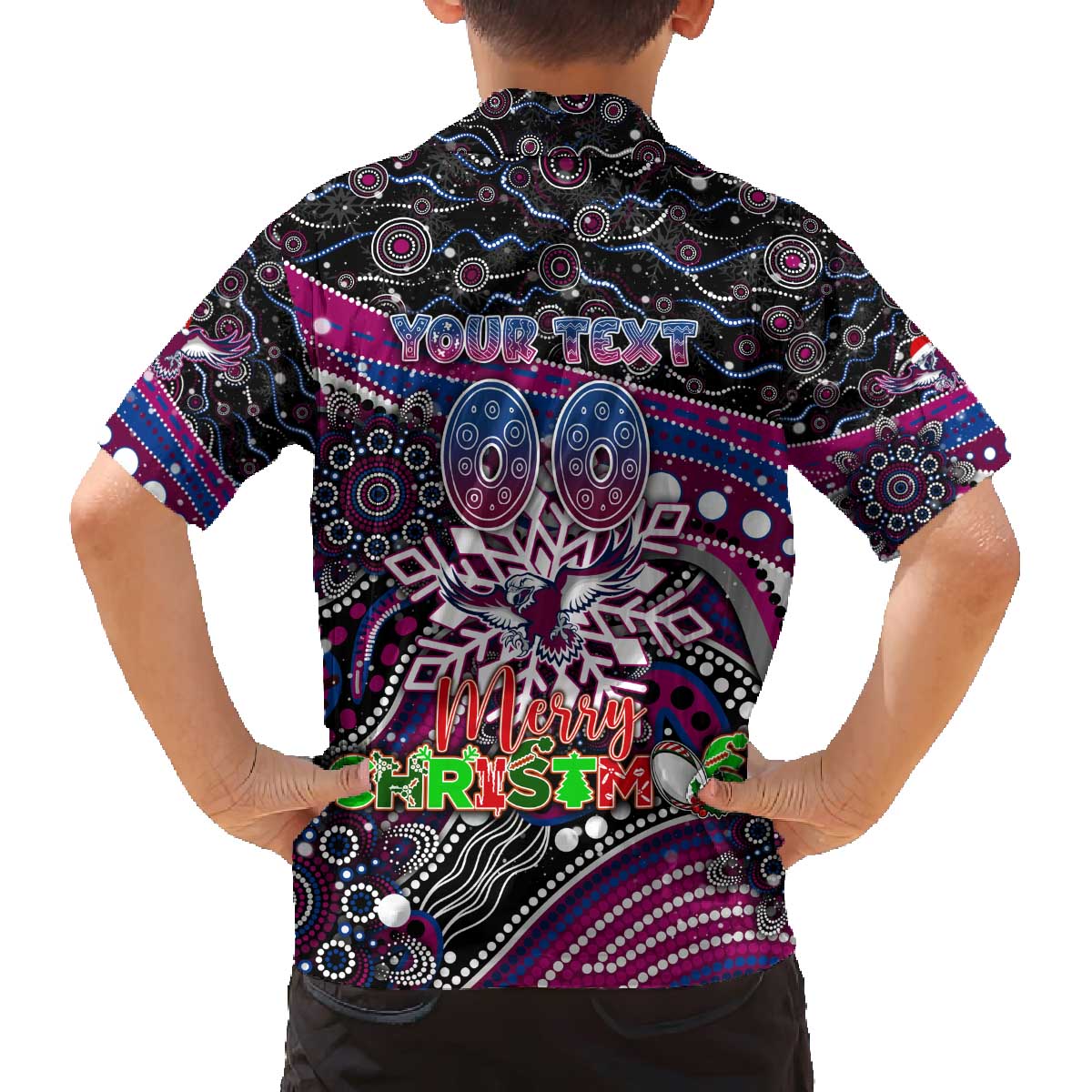 Merry Christmas Manly Warringah Sea Eagles Family Matching Off The Shoulder Long Sleeve Dress and Hawaiian Shirt Aboriginal Santa Rugby Mascot - Silvertails