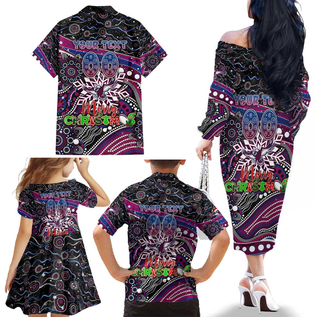 Merry Christmas Manly Warringah Sea Eagles Family Matching Off The Shoulder Long Sleeve Dress and Hawaiian Shirt Aboriginal Santa Rugby Mascot - Silvertails