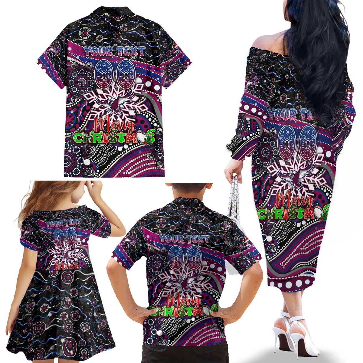 Merry Christmas Manly Warringah Sea Eagles Family Matching Off The Shoulder Long Sleeve Dress and Hawaiian Shirt Aboriginal Santa Rugby Mascot - Silvertails