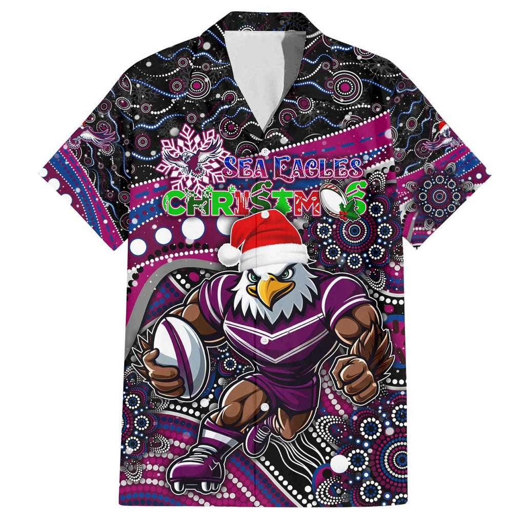 Merry Christmas Manly Warringah Sea Eagles Family Matching Off The Shoulder Long Sleeve Dress and Hawaiian Shirt Aboriginal Santa Rugby Mascot - Silvertails