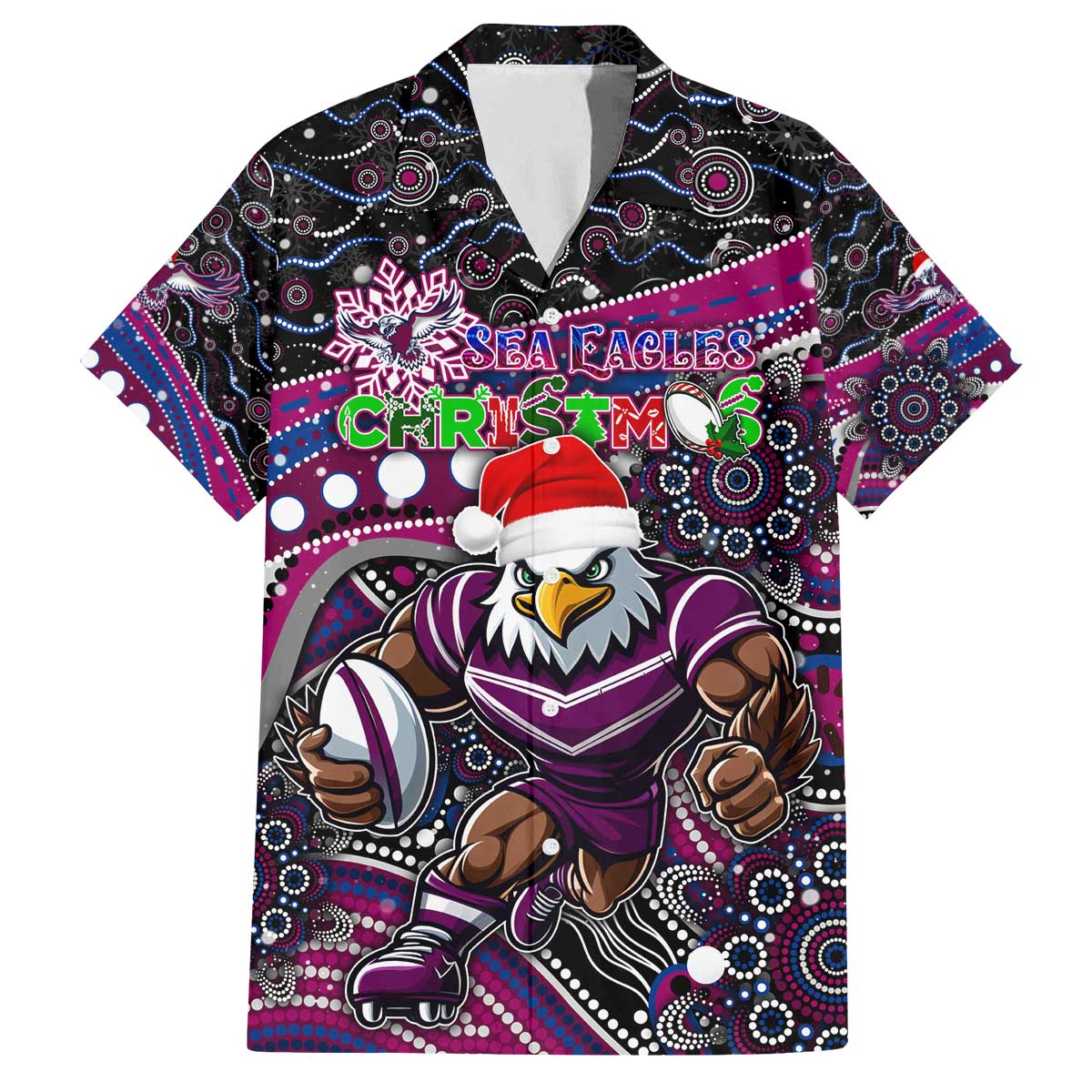 Merry Christmas Manly Warringah Sea Eagles Family Matching Off The Shoulder Long Sleeve Dress and Hawaiian Shirt Aboriginal Santa Rugby Mascot - Silvertails