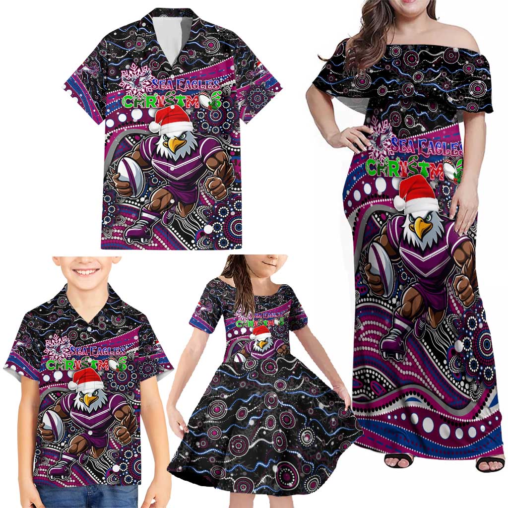 Merry Christmas Manly Warringah Sea Eagles Family Matching Off Shoulder Maxi Dress and Hawaiian Shirt Aboriginal Santa Rugby Mascot - Silvertails