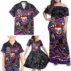 Merry Christmas Manly Warringah Sea Eagles Family Matching Off Shoulder Maxi Dress and Hawaiian Shirt Aboriginal Santa Rugby Mascot - Silvertails