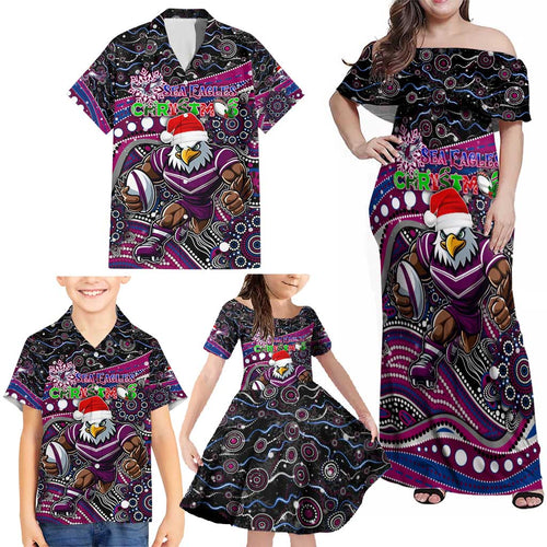 Merry Christmas Manly Warringah Sea Eagles Family Matching Off Shoulder Maxi Dress and Hawaiian Shirt Aboriginal Santa Rugby Mascot - Silvertails