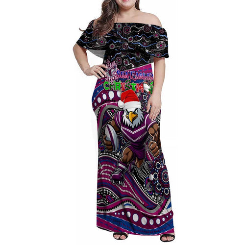 Merry Christmas Manly Warringah Sea Eagles Family Matching Off Shoulder Maxi Dress and Hawaiian Shirt Aboriginal Santa Rugby Mascot - Silvertails