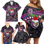 Merry Christmas Manly Warringah Sea Eagles Family Matching Off Shoulder Short Dress and Hawaiian Shirt Aboriginal Santa Rugby Mascot - Silvertails