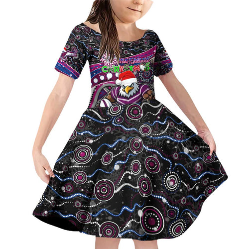 Merry Christmas Manly Warringah Sea Eagles Family Matching Off Shoulder Short Dress and Hawaiian Shirt Aboriginal Santa Rugby Mascot - Silvertails