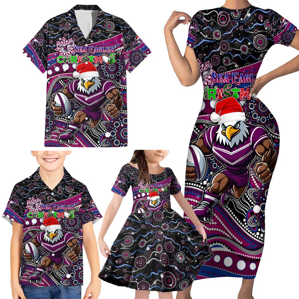 Merry Christmas Manly Warringah Sea Eagles Family Matching Short Sleeve Bodycon Dress and Hawaiian Shirt Aboriginal Santa Rugby Mascot - Silvertails