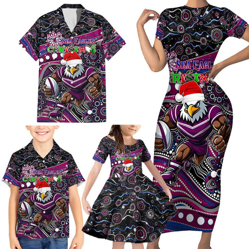 Merry Christmas Manly Warringah Sea Eagles Family Matching Short Sleeve Bodycon Dress and Hawaiian Shirt Aboriginal Santa Rugby Mascot - Silvertails