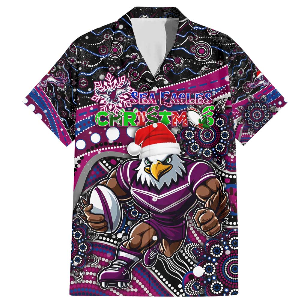 Merry Christmas Manly Warringah Sea Eagles Family Matching Short Sleeve Bodycon Dress and Hawaiian Shirt Aboriginal Santa Rugby Mascot - Silvertails