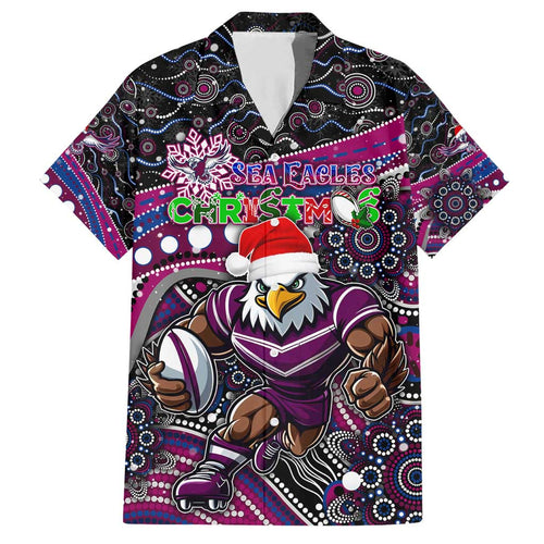Merry Christmas Manly Warringah Sea Eagles Family Matching Short Sleeve Bodycon Dress and Hawaiian Shirt Aboriginal Santa Rugby Mascot - Silvertails
