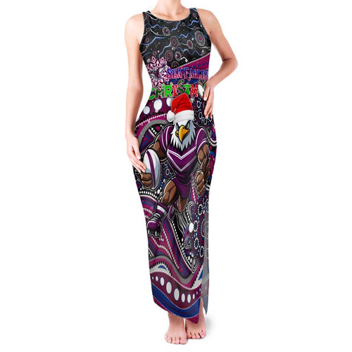 Merry Christmas Manly Warringah Sea Eagles Family Matching Tank Maxi Dress and Hawaiian Shirt Aboriginal Santa Rugby Mascot - Silvertails