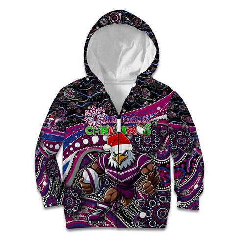 Merry Christmas Manly Warringah Sea Eagles Kid Hoodie Aboriginal Santa Rugby Mascot - Silvertails