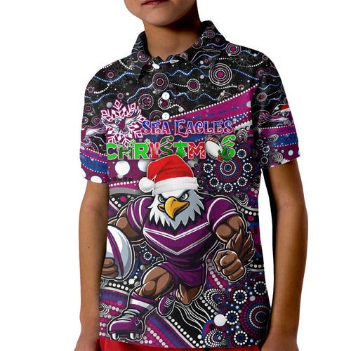 Merry Christmas Manly Warringah Sea Eagles Kid Polo Shirt Aboriginal Santa Rugby Mascot - Silvertails