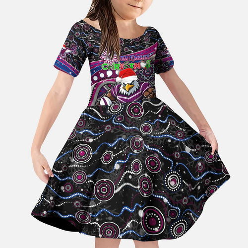 Merry Christmas Manly Warringah Sea Eagles Kid Short Sleeve Dress Aboriginal Santa Rugby Mascot - Silvertails