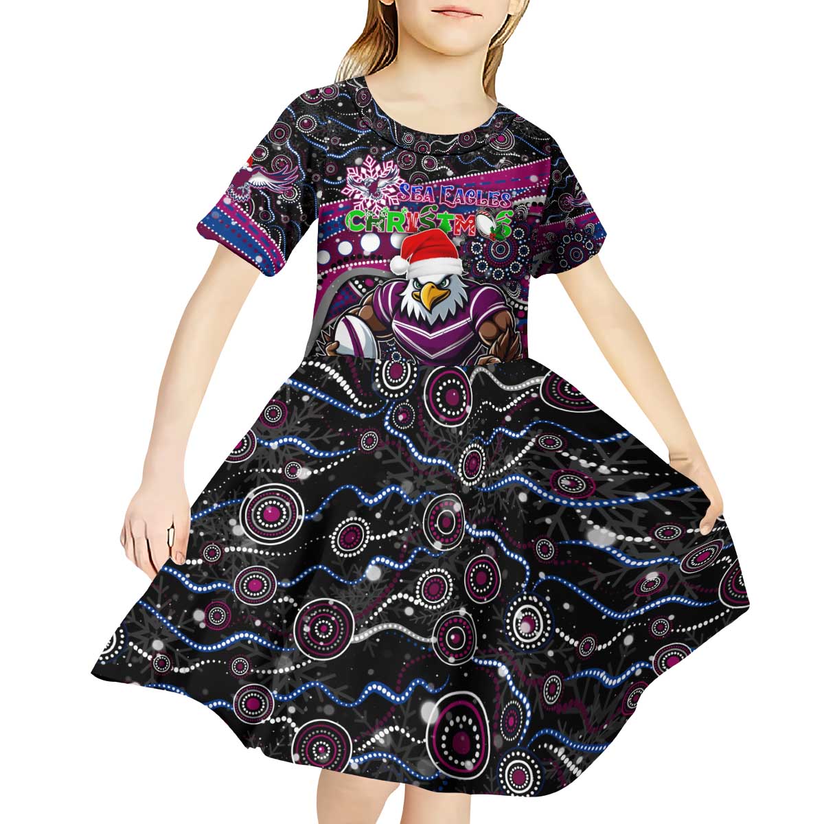 Merry Christmas Manly Warringah Sea Eagles Kid Short Sleeve Dress Aboriginal Santa Rugby Mascot - Silvertails