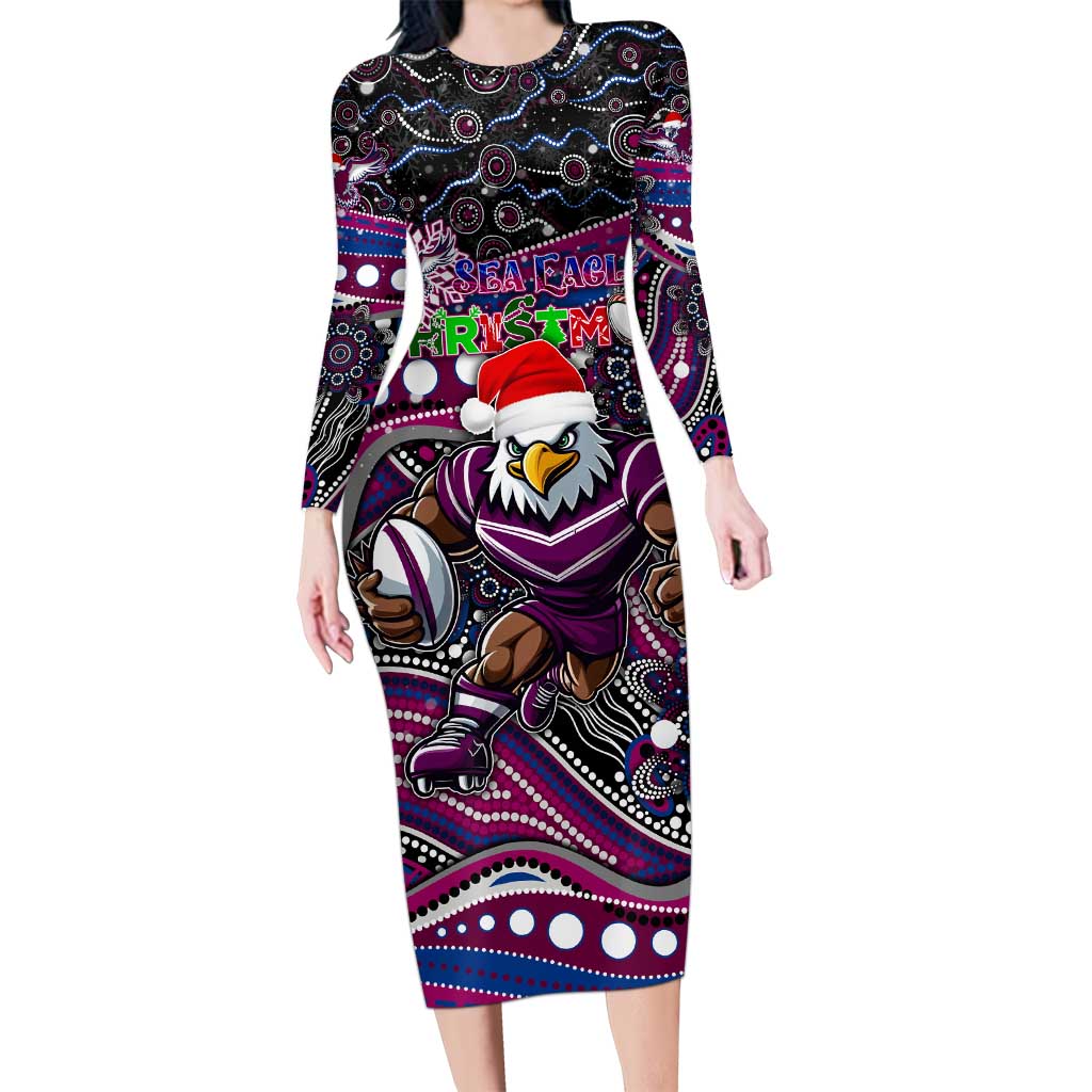 Merry Christmas Manly Warringah Sea Eagles Long Sleeve Bodycon Dress Aboriginal Santa Rugby Mascot - Silvertails