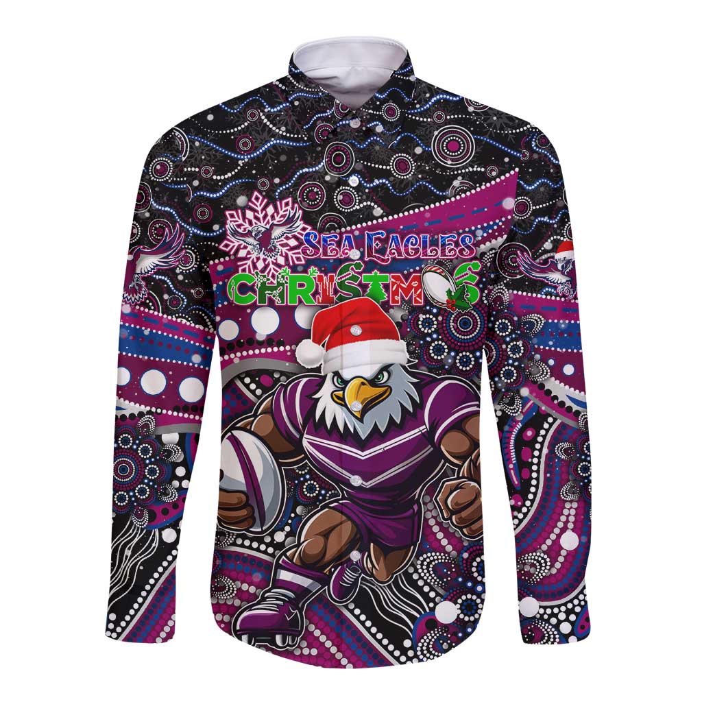 Merry Christmas Manly Warringah Sea Eagles Long Sleeve Button Shirt Aboriginal Santa Rugby Mascot - Silvertails