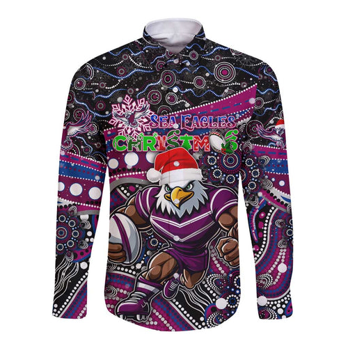 Merry Christmas Manly Warringah Sea Eagles Long Sleeve Button Shirt Aboriginal Santa Rugby Mascot - Silvertails