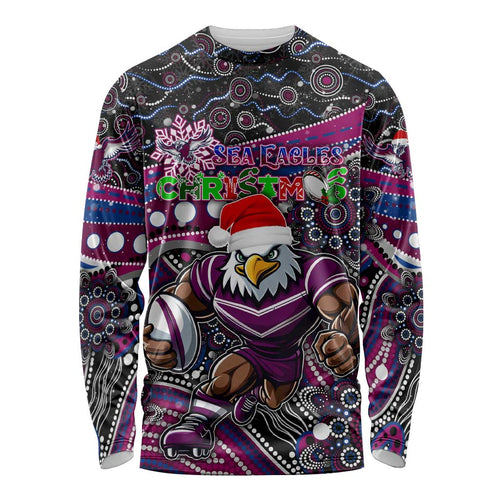 Merry Christmas Manly Warringah Sea Eagles Long Sleeve Shirt Aboriginal Santa Rugby Mascot - Silvertails